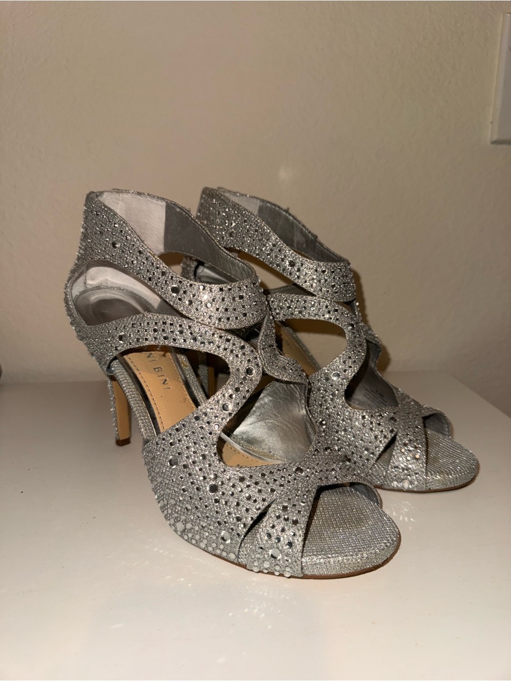 Gianni Bini Silver Rhinestone Cutout Dress Heels